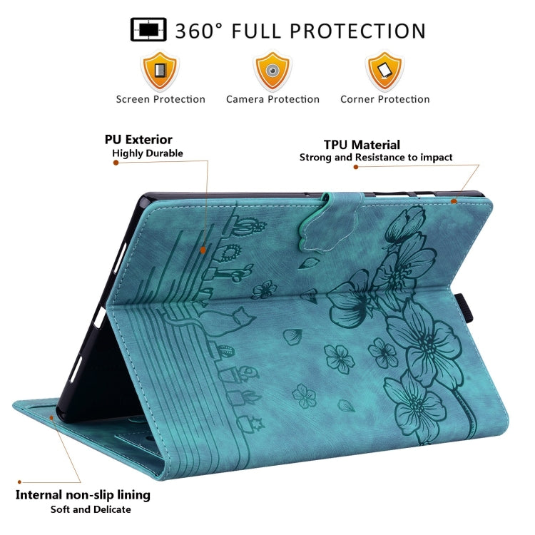 For Lenovo Tab P12 12.7 Cartoon Sakura Cat Embossed Leather Tablet Case(Green) - Lenovo by PMC TechLife | Online Shopping South Africa | PMC TechLife | Buy Now Pay Later Mobicred