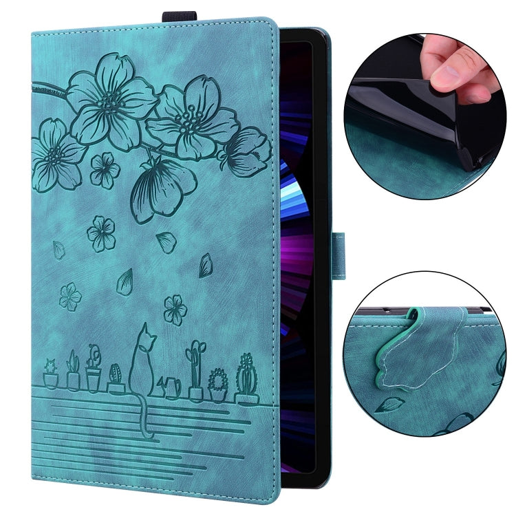 For Lenovo Tab P11 TB-J606F Cartoon Sakura Cat Embossed Leather Tablet Case(Green) - Lenovo by PMC TechLife | Online Shopping South Africa | PMC TechLife | Buy Now Pay Later Mobicred