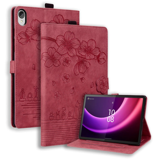 For Lenovo Tab P11 TB-J606F Cartoon Sakura Cat Embossed Leather Tablet Case(Red) - Lenovo by PMC Jewellery | Online Shopping South Africa | PMC Jewellery | Buy Now Pay Later Mobicred