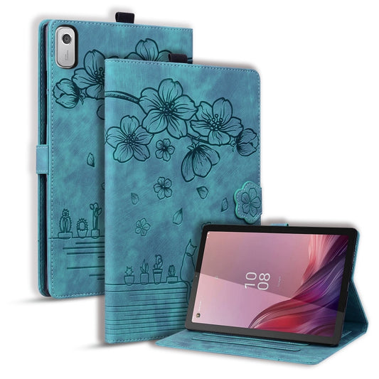 For Lenovo Tab M9 Cartoon Sakura Cat Embossed Leather Tablet Case(Green) - Lenovo by PMC Jewellery | Online Shopping South Africa | PMC Jewellery | Buy Now Pay Later Mobicred