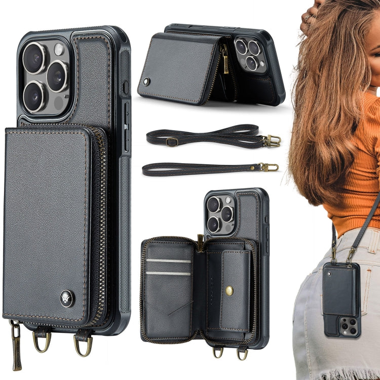 For iPhone 16 Pro Max JEEHOOD C22 Series Zipper Wallet Leather Phone Case with Dual Lanyard(Black) - free shipping - PMC Jewellery - Order now!