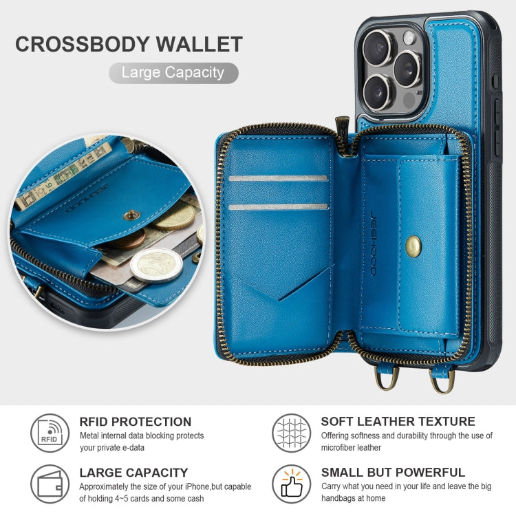 For iPhone 16 Pro Max JEEHOOD C22 Series Zipper Wallet Leather Phone Case with Dual Lanyard(Blue) - iPhone 16 Pro Max Cases by JEEHOOD | Online Shopping South Africa | PMC Jewellery | Buy Now Pay Later Mobicred