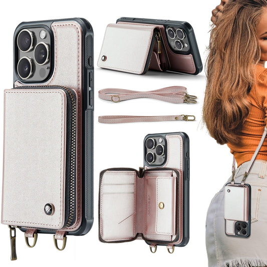 For iPhone 16 Pro JEEHOOD C22 Series Zipper Wallet Leather Phone Case with Dual Lanyard(Rose Gold) - iPhone 16 Pro Cases by JEEHOOD | Online Shopping South Africa | PMC Jewellery | Buy Now Pay Later Mobicred