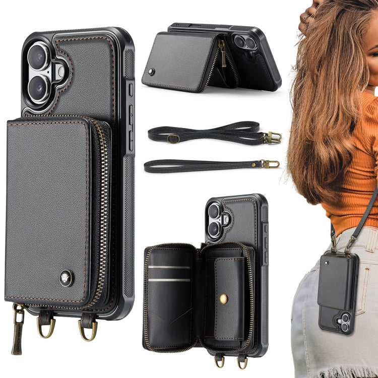 For iPhone 16 Plus JEEHOOD C22 Series Zipper Wallet Leather Phone Case with Dual Lanyard(Coffee) - free shipping - PMC Jewellery - Order now!