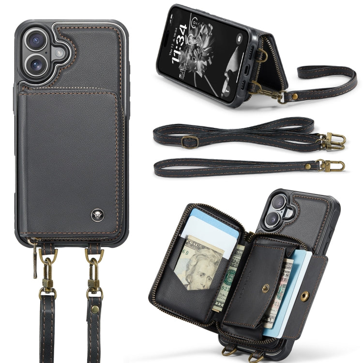 For iPhone 16 Plus JEEHOOD C22 Series Zipper Wallet Leather Phone Case with Dual Lanyard(Coffee) - free shipping - PMC Jewellery - Order now!