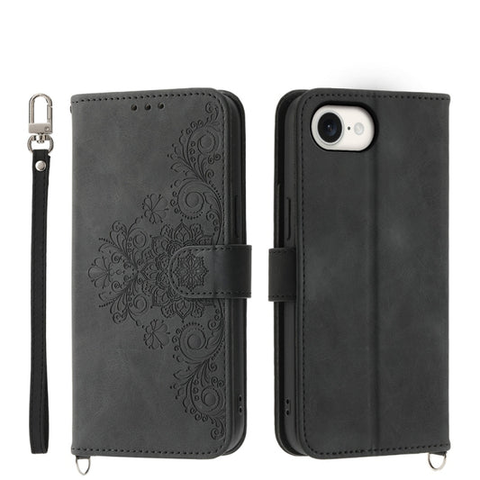 For iPhone 16e Skin-feel Flowers Embossed Wallet Leather Phone Case(Black) - iPhone 16e Cases by PMC Jewellery | Online Shopping South Africa | PMC Jewellery | Buy Now Pay Later Mobicred