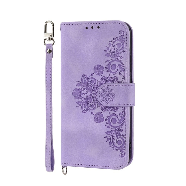 For iPhone 16e Skin-feel Flowers Embossed Wallet Leather Phone Case(Purple) - iPhone 16e Cases by PMC TechLife | Online Shopping South Africa | PMC TechLife | Buy Now Pay Later Mobicred