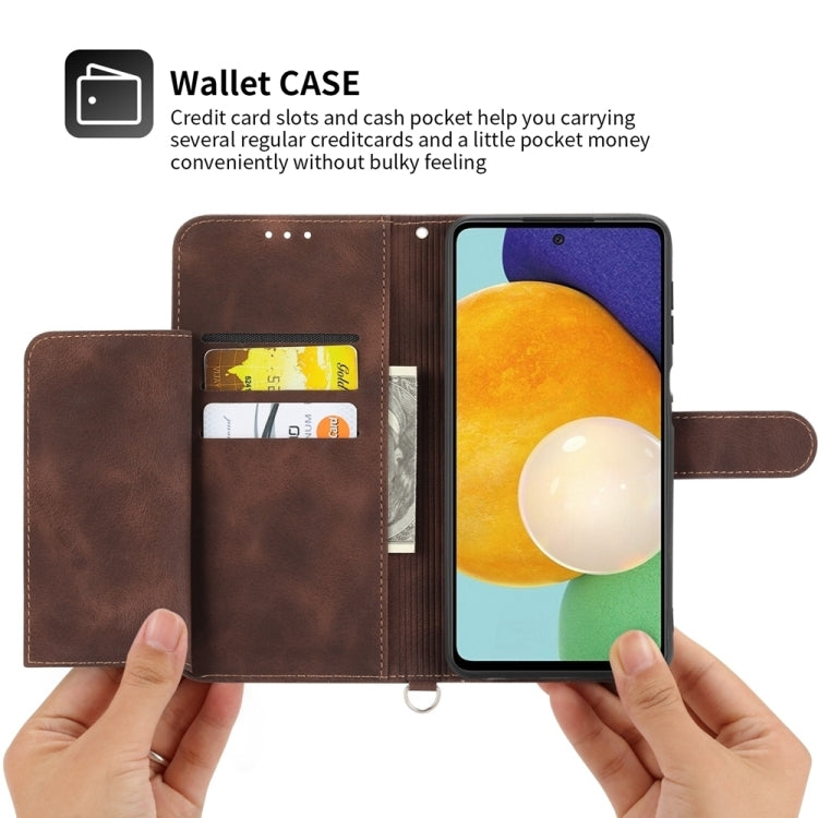 For iPhone 16e Skin-feel Flowers Embossed Wallet Leather Phone Case(Brown) - iPhone 16e Cases by PMC TechLife | Online Shopping South Africa | PMC TechLife | Buy Now Pay Later Mobicred