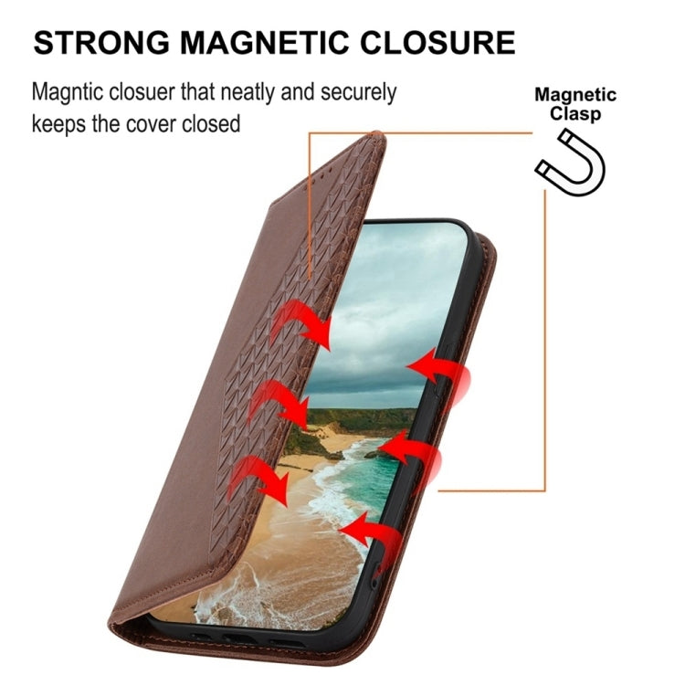 For iPhone 16e Cubic Grid Calf Texture Magnetic Leather Phone Case(Brown) - iPhone 16e Cases by PMC TechLife | Online Shopping South Africa | PMC TechLife | Buy Now Pay Later Mobicred