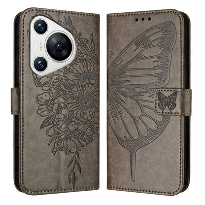 For Huawei Pura 70 Embossed Butterfly Leather Phone Case(Grey) - Huawei Cases by PMC Jewellery | Online Shopping South Africa | PMC Jewellery | Buy Now Pay Later Mobicred