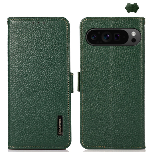 For Google Pixel 9 Pro KHAZNEH Side-Magnetic Litchi Genuine Leather RFID Phone Case(Green) - Google Cases by PMC Jewellery | Online Shopping South Africa | PMC Jewellery | Buy Now Pay Later Mobicred