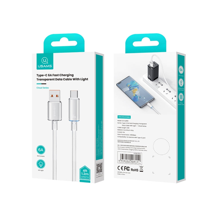 USAMS USB To Type-C 6A Aluminum Alloy Clear LED Fast Charge Data Cable, Length: 1.2m(Blue) - Multifunction Cable by USAMS | Online Shopping South Africa | PMC Jewellery | Buy Now Pay Later Mobicred