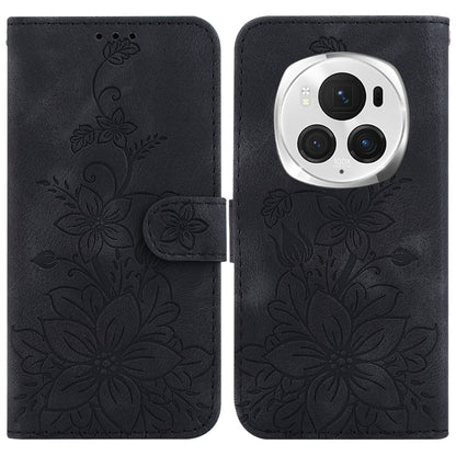 For Honor Magic6 Pro Lily Embossed Leather Phone Case(Black) - Honor Cases by PMC Jewellery | Online Shopping South Africa | PMC Jewellery | Buy Now Pay Later Mobicred