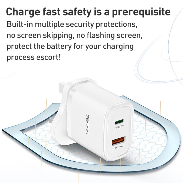 Yesido YC46 PD20W USB-C / Type-C + USB Travel Charger with 1m Type-C to 8 Pin Cable, UK Plug(White) - USB Charger by Yesido | Online Shopping South Africa | PMC Jewellery | Buy Now Pay Later Mobicred