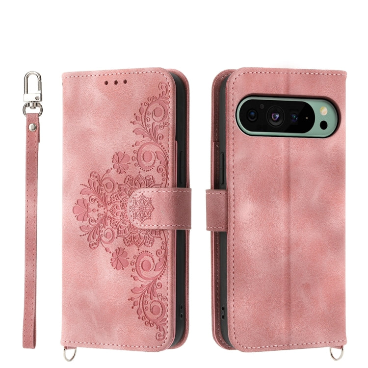 For Google Pixel 9 Skin-feel Flowers Embossed Wallet Leather Phone Case(Pink) - Google Cases by PMC TechLife | Online Shopping South Africa | PMC TechLife | Buy Now Pay Later Mobicred