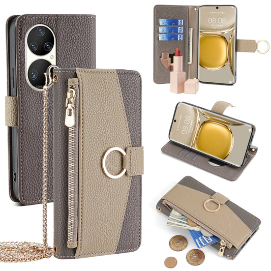 For Huawei P50 Pro Crossbody Litchi Texture Leather Phone Case(Grey) - Huawei Cases by PMC Jewellery | Online Shopping South Africa | PMC Jewellery | Buy Now Pay Later Mobicred