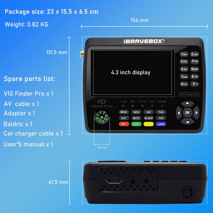 iBRAVEBOX V10 Finder Max 4.3 inch Display Digital Satellite Meter Signal Finder, Support DVB-S/S2/S2X, Plug Type:US Plug(Black) - Satellite Finder by PMC TechLife | Online Shopping South Africa | PMC TechLife | Buy Now Pay Later Mobicred