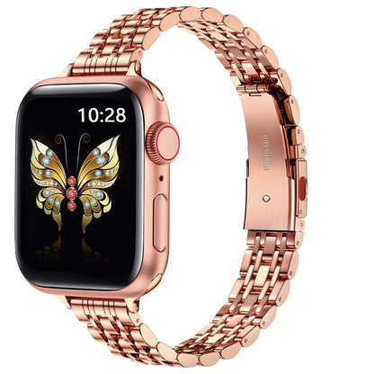 For Apple Watch Series 9 41mm Slim Seven Bead Slingshot Buckle Metal Watch Band(Rose Gold) - Watch Bands by PMC Jewellery | Online Shopping South Africa | PMC Jewellery