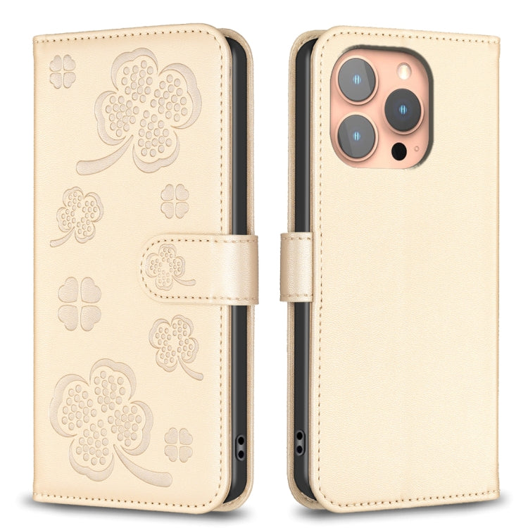 For iPhone 16 Pro Four-leaf Embossed Leather Phone Case(Gold) - iPhone 16 Pro Cases by PMC TechLife | Online Shopping South Africa | PMC TechLife | Buy Now Pay Later Mobicred