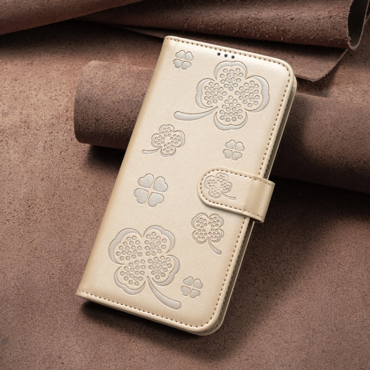 For iPhone 16 Pro Four-leaf Embossed Leather Phone Case(Gold) - iPhone 16 Pro Cases by PMC TechLife | Online Shopping South Africa | PMC TechLife | Buy Now Pay Later Mobicred