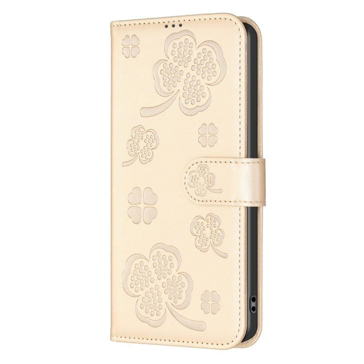 For iPhone 16 Pro Four-leaf Embossed Leather Phone Case(Gold) - iPhone 16 Pro Cases by PMC TechLife | Online Shopping South Africa | PMC TechLife | Buy Now Pay Later Mobicred
