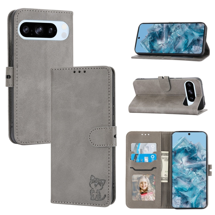 For Google Pixel 9 Pro Embossed Happy Cat Pattern Flip Leather Phone Case(Grey) - Google Cases by PMC TechLife | Online Shopping South Africa | PMC TechLife | Buy Now Pay Later Mobicred