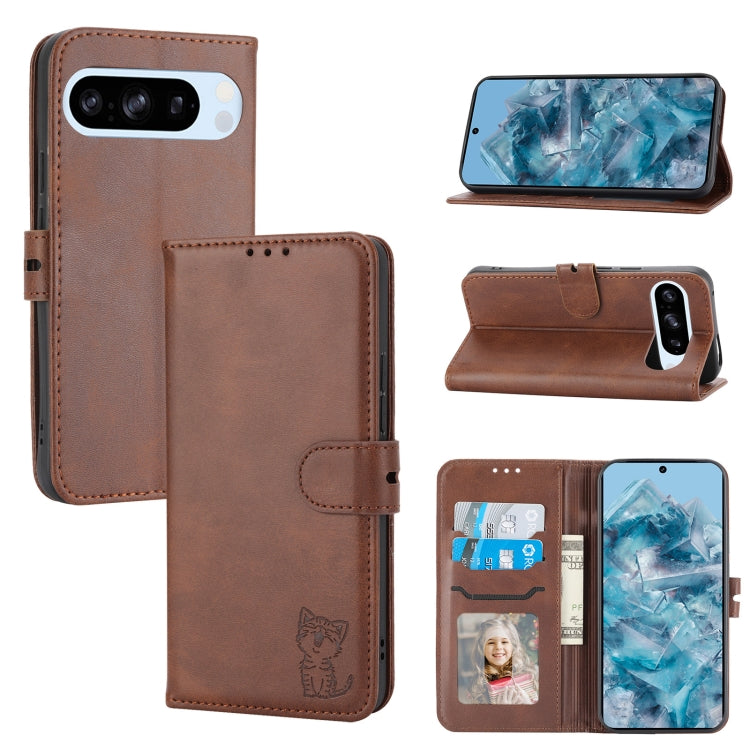For Google Pixel 9 Embossed Happy Cat Pattern Flip Leather Phone Case(Brown) - Google Cases by PMC TechLife | Online Shopping South Africa | PMC TechLife | Buy Now Pay Later Mobicred