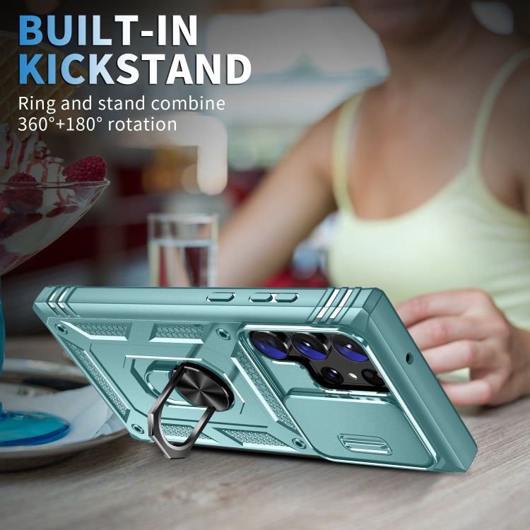 For Samsung Galaxy S24 Ultra 5G Sliding Camshield TPU + PC Phone Case with Holder(Green) - Galaxy S24 Ultra 5G Cases by PMC TechLife | Online Shopping South Africa | PMC TechLife