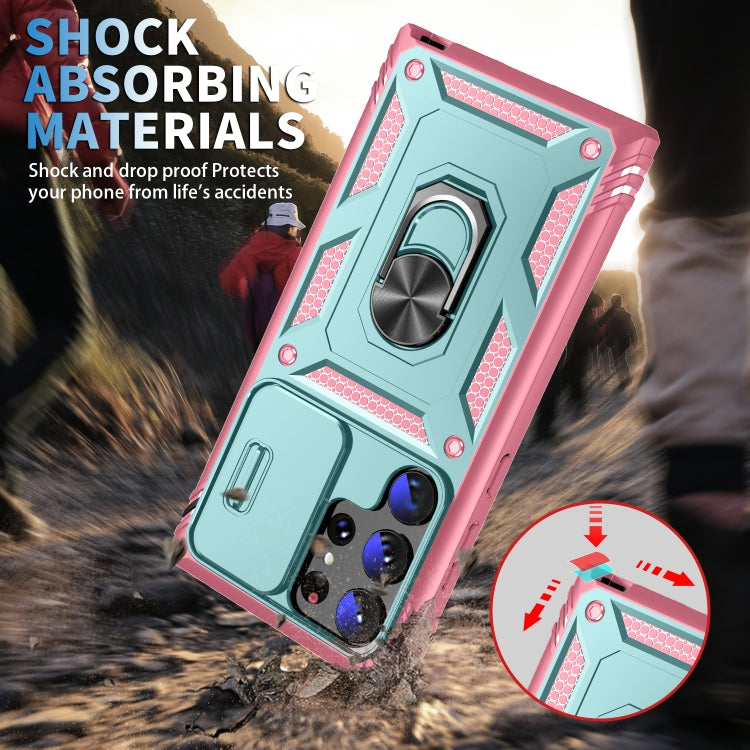For Samsung Galaxy S24 Ultra 5G Sliding Camshield TPU + PC Phone Case with Holder(Green+Pink) - Galaxy S24 Ultra 5G Cases by PMC TechLife | Online Shopping South Africa | PMC TechLife