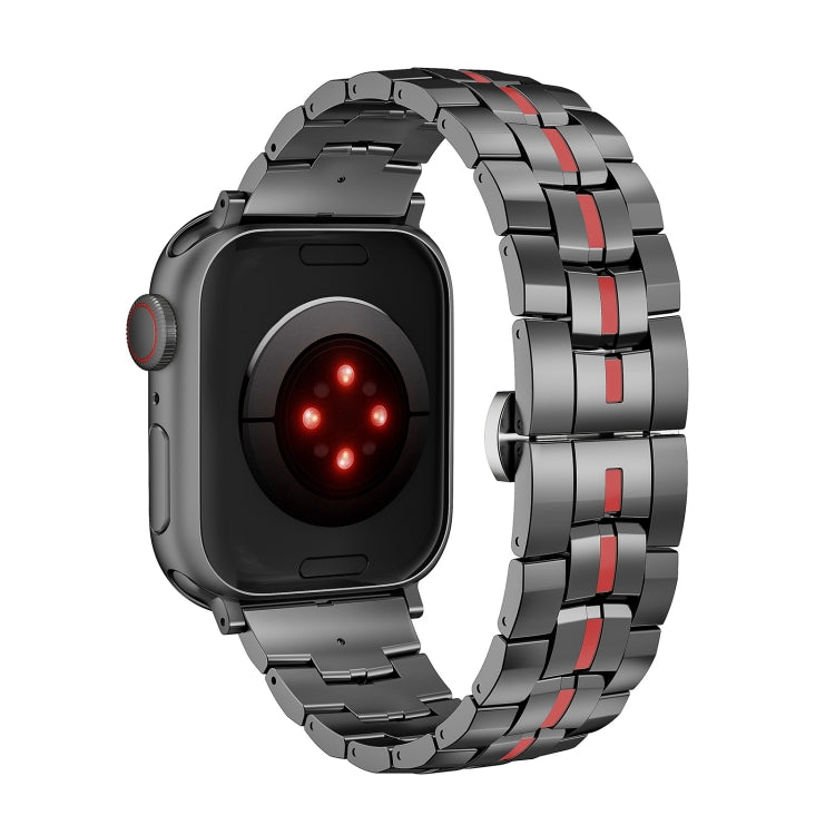 For Apple Watch Series 9 41mm Butterfly Buckle 5-Beads Metal Watch Band(Black Red) - Watch Bands by PMC Jewellery | Online Shopping South Africa | PMC Jewellery