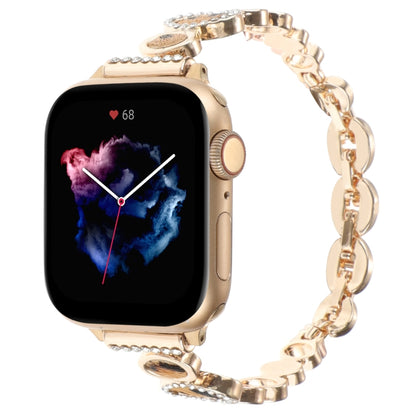 For Apple Watch Series 8 45mm Leopard Rhinestones Metal Chain Watch Band(Gold) - Watch Bands by PMC Jewellery | Online Shopping South Africa | PMC Jewellery