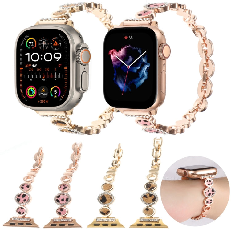 For Apple Watch SE 2023 40mm Leopard Rhinestones Metal Chain Watch Band(Rose Gold) - Watch Bands by PMC Jewellery | Online Shopping South Africa | PMC Jewellery