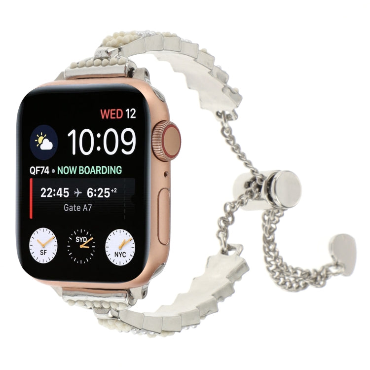 For Apple Watch Series 8 45mm Shell Beads Chain Bracelet Metal Watch Band(Beige White Silver) - Watch Bands by PMC Jewellery | Online Shopping South Africa | PMC Jewellery