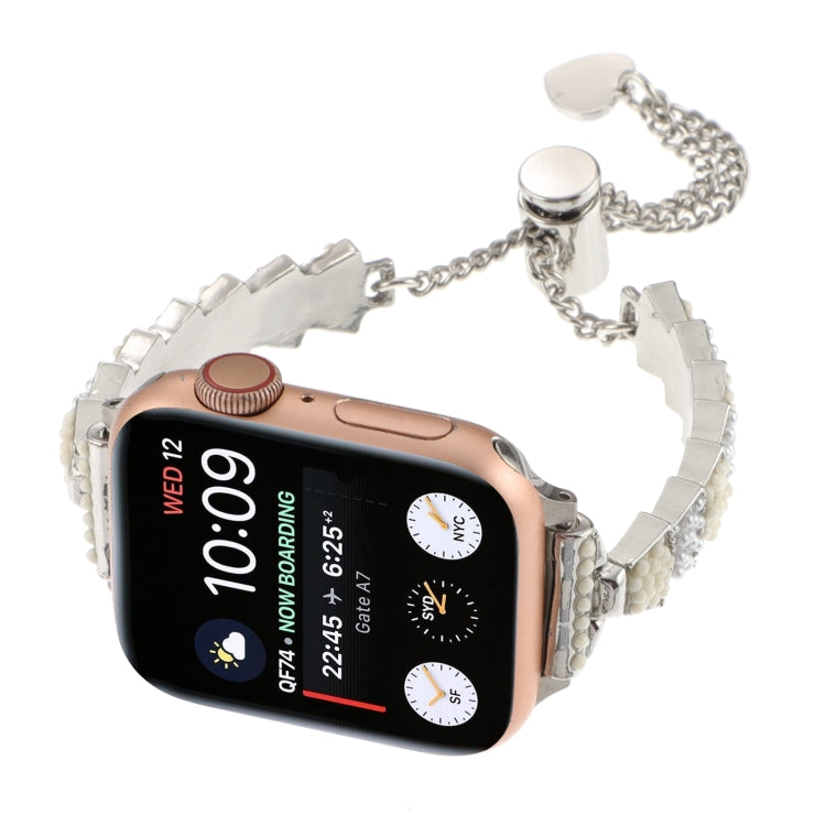 For Apple Watch Series 7 45mm Shell Beads Chain Bracelet Metal Watch Band(Beige White Silver) - Watch Bands by PMC Jewellery | Online Shopping South Africa | PMC Jewellery