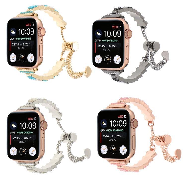 For Apple Watch 42mm Shell Beads Chain Bracelet Metal Watch Band(Beige White Silver) - Watch Bands by PMC TechLife | Online Shopping South Africa | PMC TechLife