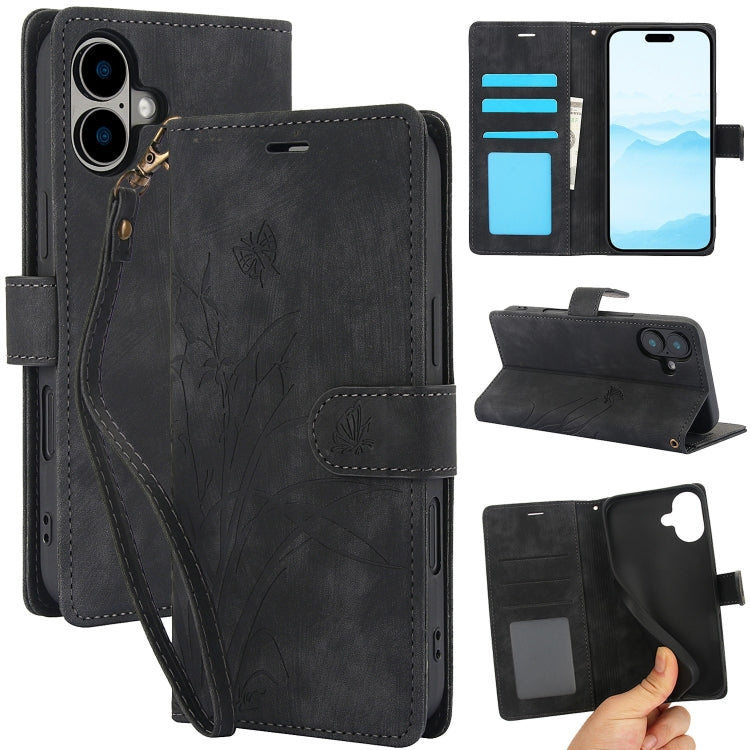 For iPhone 16 Plus Orchid Butterfly Embossed Leather Phone Case(Black) - iPhone 16 Plus Cases by PMC TechLife | Online Shopping South Africa | PMC TechLife | Buy Now Pay Later Mobicred
