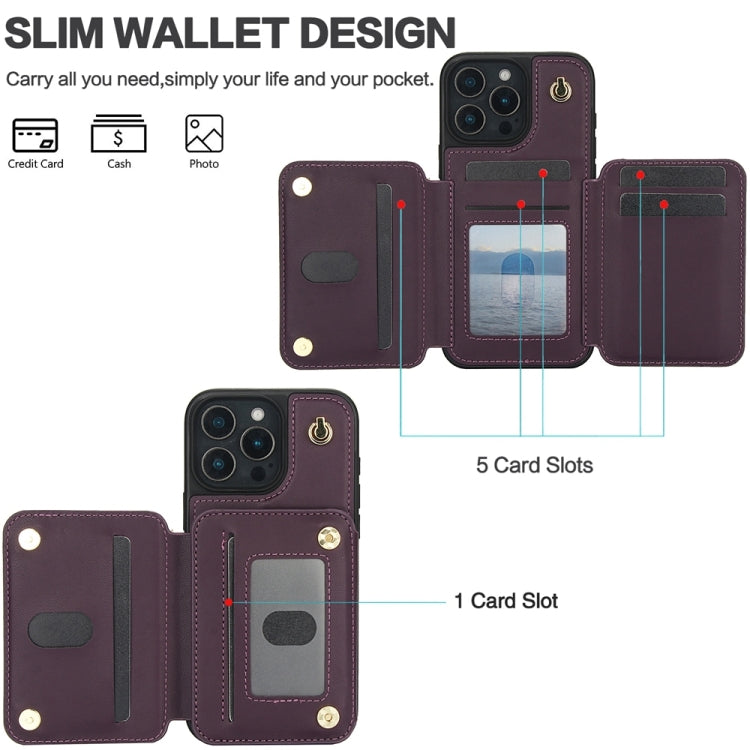 For iPhone 16 Pro Max YM006 Skin Feel Zipper Card Bag Phone Case with Dual Lanyard(Dark Purple) - iPhone 16 Pro Max Cases by PMC Jewellery | Online Shopping South Africa | PMC Jewellery | Buy Now Pay Later Mobicred