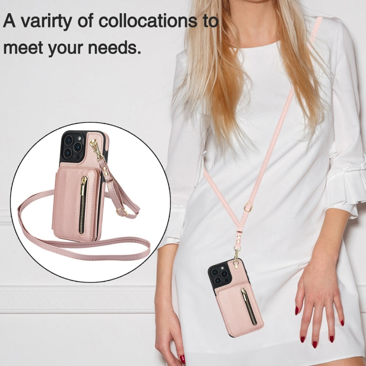 For iPhone 16 Pro Max YM006 Skin Feel Zipper Card Bag Phone Case with Dual Lanyard(Rose Gold) - iPhone 16 Pro Max Cases by PMC Jewellery | Online Shopping South Africa | PMC Jewellery | Buy Now Pay Later Mobicred