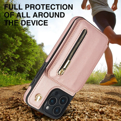 For iPhone 16 Pro YM006 Skin Feel Zipper Card Bag Phone Case with Dual Lanyard(Rose Gold) - iPhone 16 Pro Cases by PMC Jewellery | Online Shopping South Africa | PMC Jewellery | Buy Now Pay Later Mobicred