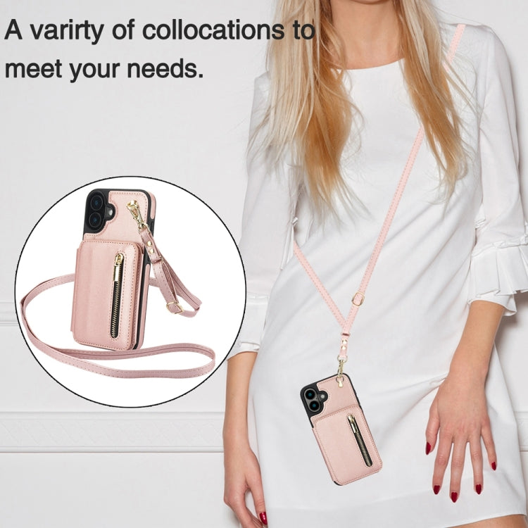 For iPhone 16 Plus YM006 Skin Feel Zipper Card Bag Phone Case with Dual Lanyard(Rose Gold) - iPhone 16 Plus Cases by PMC Jewellery | Online Shopping South Africa | PMC Jewellery | Buy Now Pay Later Mobicred