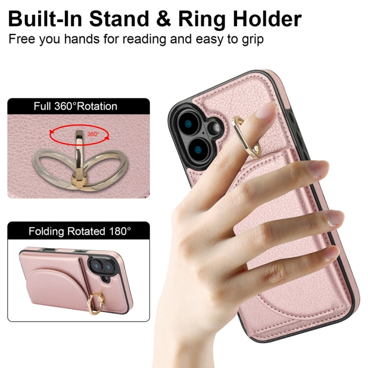 For iPhone 16 YM007 Ring Holder Card Bag Skin Feel Phone Case(Rose Gold) - iPhone 16 Cases by PMC TechLife | Online Shopping South Africa | PMC TechLife | Buy Now Pay Later Mobicred