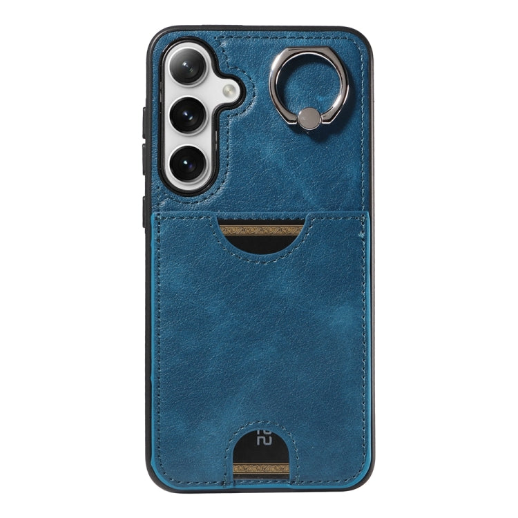 For Samsung Galaxy S24+ 5G Calf Texture Card Slot Ring Holder Phone Case(Blue) - Galaxy S24+ 5G Cases by PMC Jewellery | Online Shopping South Africa | PMC Jewellery