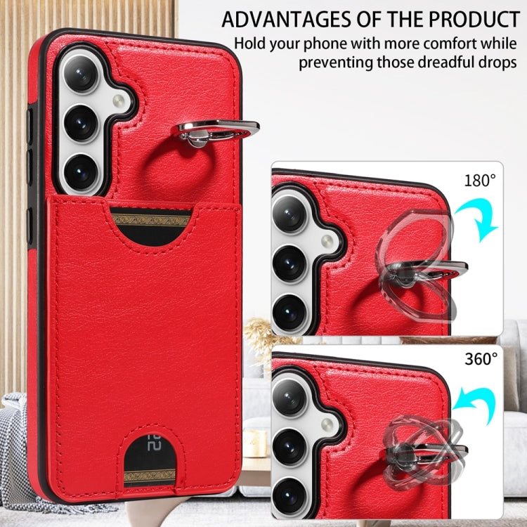 For Samsung Galaxy S24 5G Calf Texture Card Slot Ring Holder Phone Case(Red) - Galaxy S24 5G Cases by PMC TechLife | Online Shopping South Africa | PMC TechLife