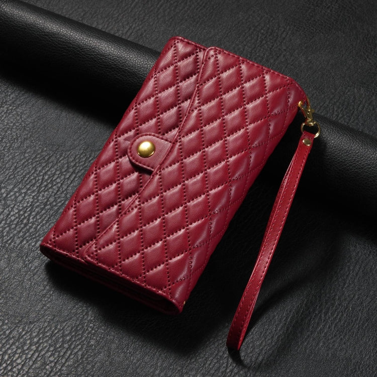 For Google Pixel 7a Zipper Multi-Card Wallet Rhombic Leather Phone Case(Red) - Google Cases by PMC TechLife | Online Shopping South Africa | PMC TechLife | Buy Now Pay Later Mobicred