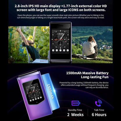 HAMTOD T8 4G Flip Phone, EU Version, 2.8 inch + 1.77 inch, VoLTE, BT, SOS, OTG(Purple) - Other by HAMTOD | Online Shopping South Africa | PMC Jewellery | Buy Now Pay Later Mobicred