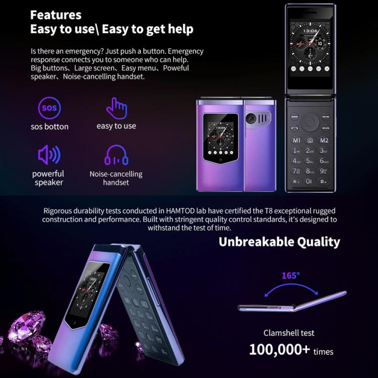 HAMTOD T8 4G Flip Phone, EU Version, 2.8 inch + 1.77 inch, VoLTE, BT, SOS, OTG(Purple) - Other by HAMTOD | Online Shopping South Africa | PMC Jewellery | Buy Now Pay Later Mobicred