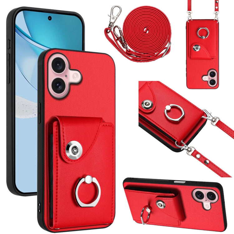 For iPhone 16 Organ Card Bag Ring Holder Phone Case with Long Lanyard(Red) - iPhone 16 Cases by PMC TechLife | Online Shopping South Africa | PMC TechLife | Buy Now Pay Later Mobicred