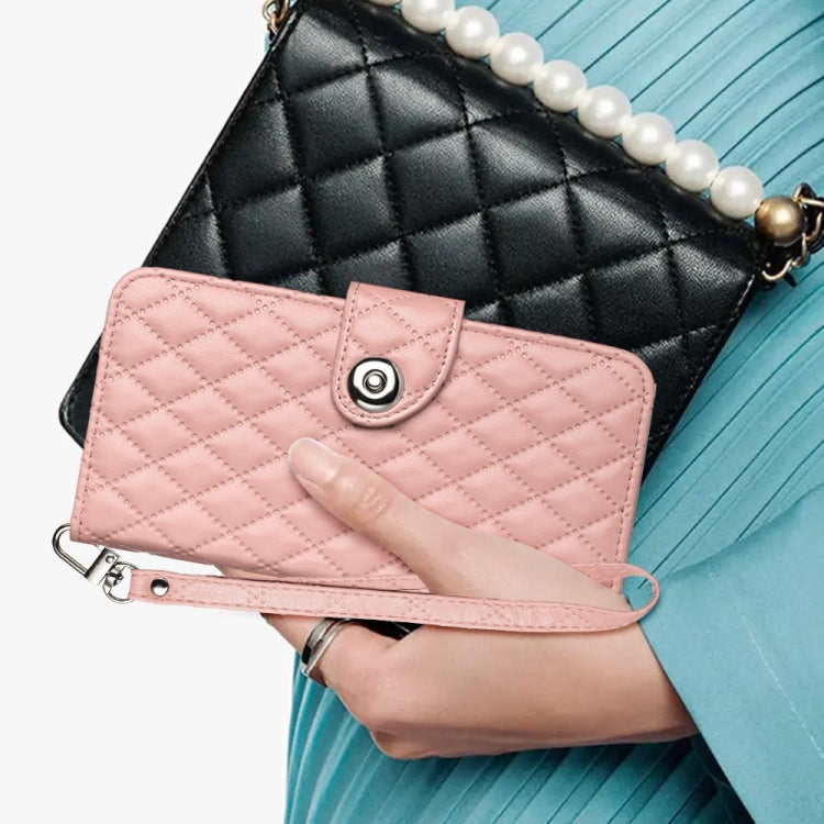For iPhone 16 Plus Rhombic Texture Flip Leather Phone Case with Lanyard(Coral Pink) - iPhone 16 Plus Cases by PMC TechLife | Online Shopping South Africa | PMC TechLife | Buy Now Pay Later Mobicred