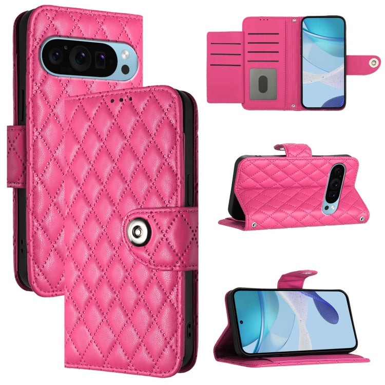 For Google Pixel 9 / Pixel 9 Pro Rhombic Texture Flip Leather Phone Case with Lanyard(Rose Red) - Google Cases by PMC TechLife | Online Shopping South Africa | PMC TechLife | Buy Now Pay Later Mobicred