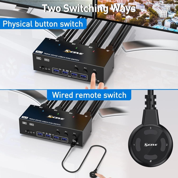 KC-KVM303DH 8K 60Hz USB3.0 DP+DP+HDMI Triple Monitors KVM Switch(US Plug) - Switch by PMC TechLife | Online Shopping South Africa | PMC TechLife | Buy Now Pay Later Mobicred